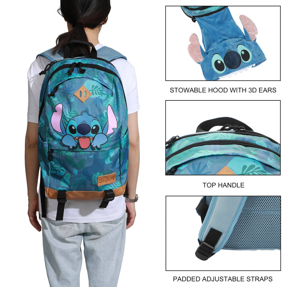 Bioworld Merchandising Backpack Disney Stitch Tropical Print 17.5" Hooded Backpack BPA7XRWDSCPP00