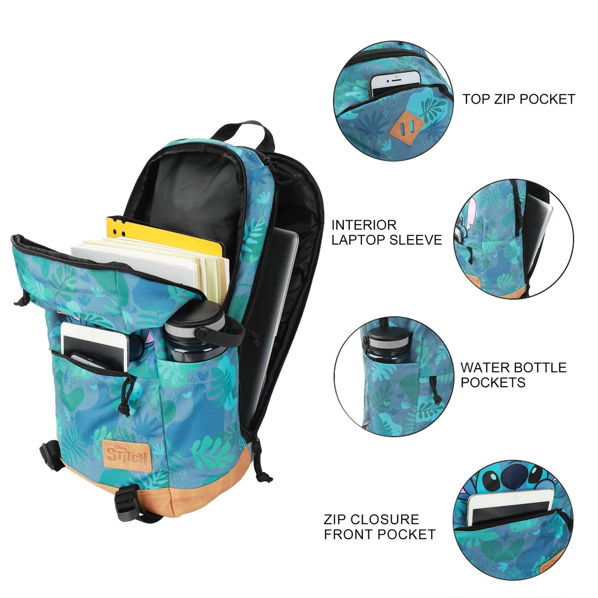 Bioworld Merchandising Backpack Disney Stitch Tropical Print 17.5" Hooded Backpack BPA7XRWDSCPP00