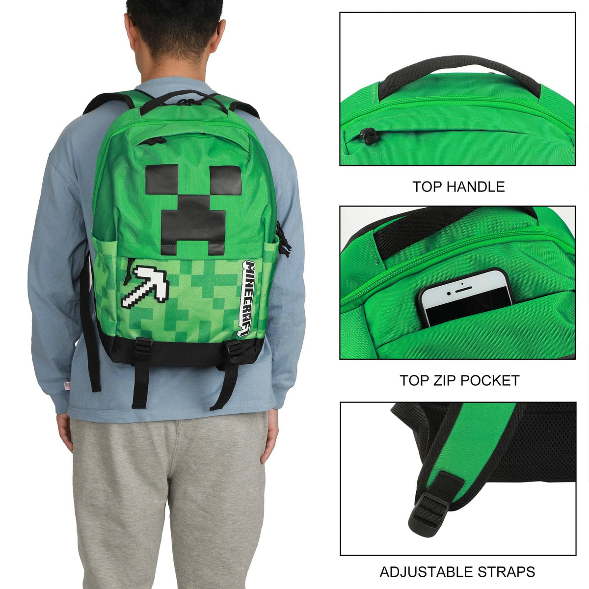 Bioworld Merchandising Backpack Minecraft Creeper & Pickax Green Adult 17.5" Backpack BPA5R2MMNCPP00