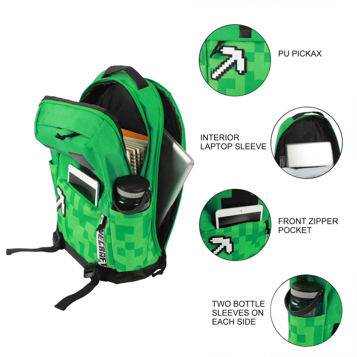Bioworld Merchandising Backpack Minecraft Creeper & Pickax Green Adult 17.5" Backpack BPA5R2MMNCPP00