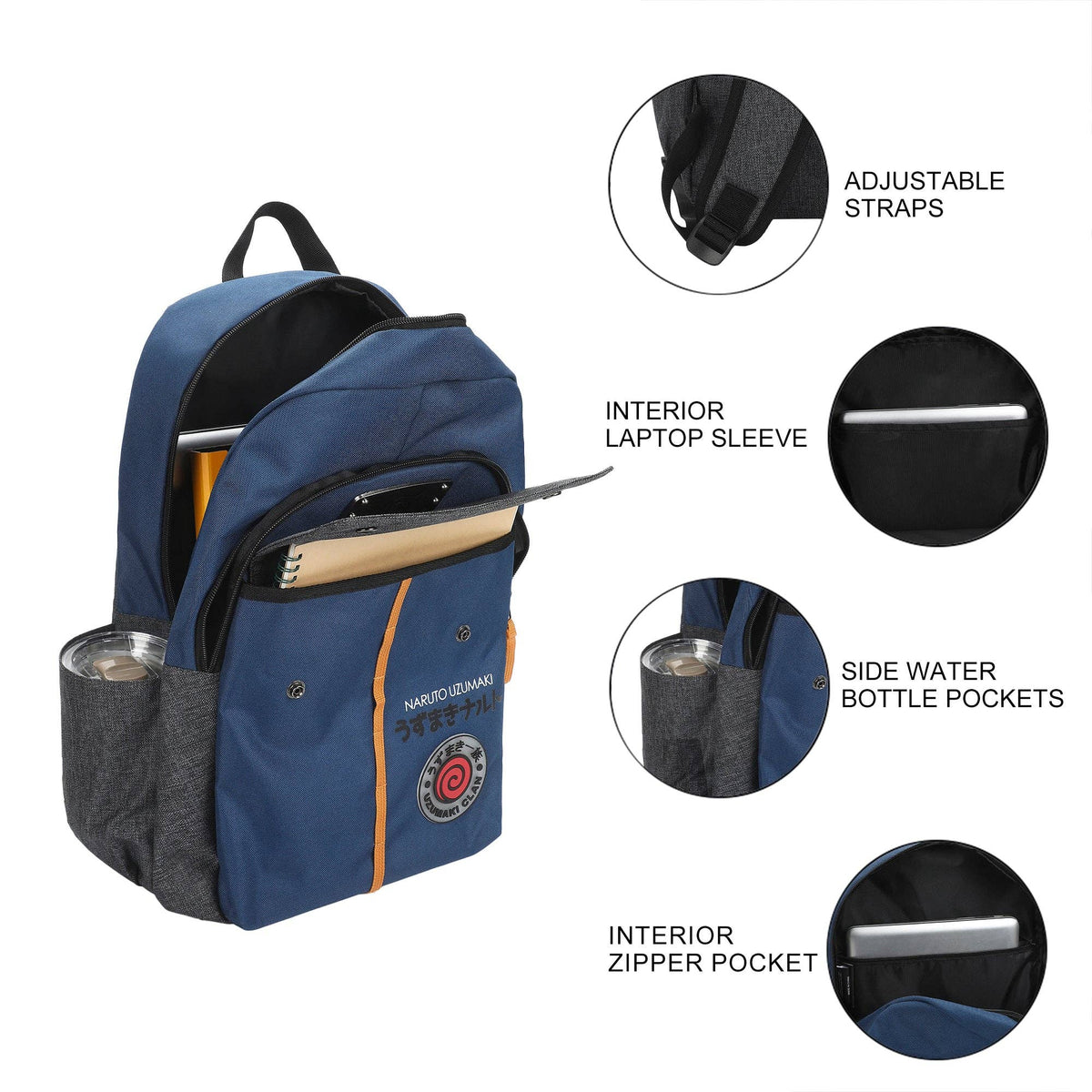 Bioworld Merchandising Backpacks Naruto Shippuden Shinobi Symbols Blue 17.5" Adult Commuter Backpack BPA9CTQNARPP00